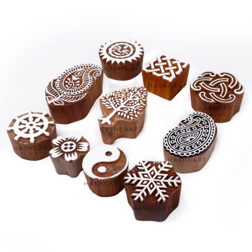 Image of Hashcart | Set of 10 | Wooden Multi Design & Floral Shapes baren for Block Printing | Wooden Stamps for Project Making | Fabric Textile Designing | Scrapbooking | Clay | Pottery Craft