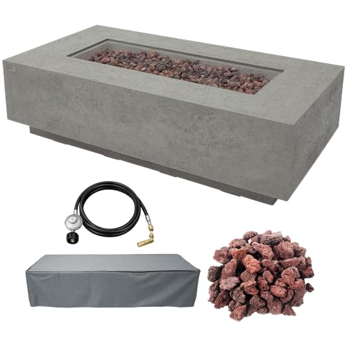Image of AMS Creations | Madison 60 inch Rectangular Propane Gas Outdoor Fire Pit Table | Light Gray Concrete GFRC | Limestone Texture or Surface | Electronic Ignition | Outside Backyard Fireplace