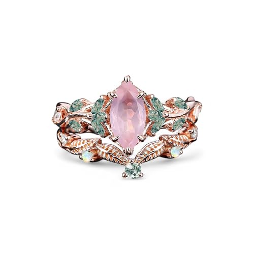 Rose Gold Vintage Leaf Ring Set with Pink Rose Quartz & Green Crystals, Nature-Inspired Bridal Engagement Ring, Boho Statement Jewelry for Women, Birthday Gift