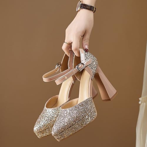 Women's Platform Glitter Leather Chunky Heel Pumps,Closed Pointed Toe Hollow Ankle Strap Comfortable Dress Shoes,for Wedding Party Pumps Shoes4