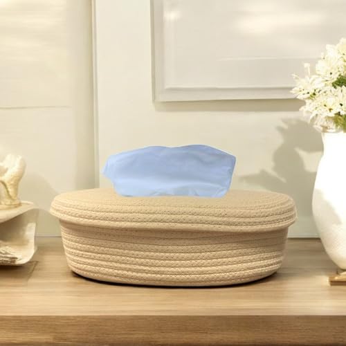 Image of BOBBINY Jute Cotton Tissue Box Holder, Handcrafted Tissue Container for 100 Pulls Natural Tissue Holder for Office Living Bedroom Car Desk Dining Table Home Decor (Brown, Design 4)