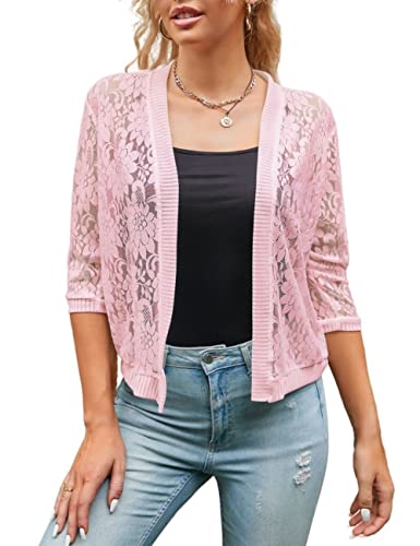 Image of Chevara Women's Casual Summer Lace Cardigan 3 /4 Sleeve Floral Crochet Cardigans Shrug Sweaters