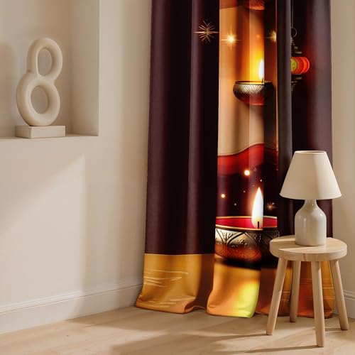 Image of Ultimate Trends Festival Themed Light Filtering Polyester Curtain Diya, Lantern, Lotus & Fireworks Print | Ideal for Diwali, Pooja Room, Living Room Dcor | Eyelets|, 6 FEET (Pack of 2)