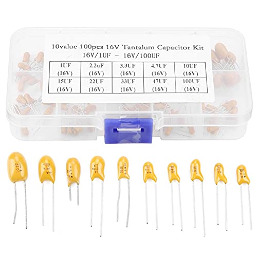 Condensador de tantalio 1uF-100uF, condensadores de tantalio surtidos, 100 piezas de 10 valores 16 V amarillo condensador electrolítico radial condensador de cuentas de tantalio sumergido con caja