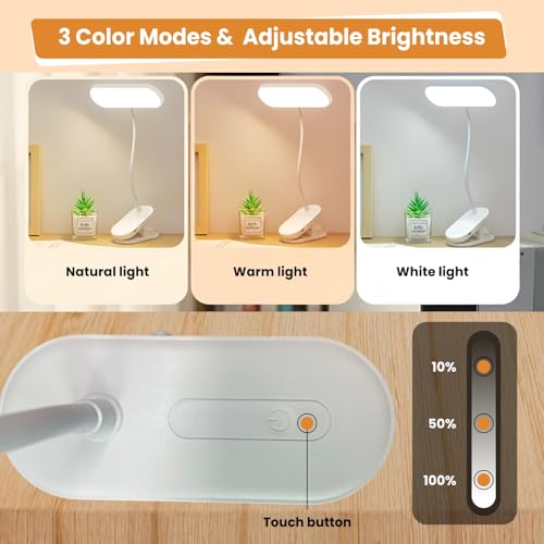 Image of Dyazo LED Table Desk Clip Lamp | Flexible Bendable Arm with 3 Color Modes & Adjustable Brightness | Eye-Caring Rechargeable with Power Indicator Light for Books Reading, Bed, Kids & Home Use (White)