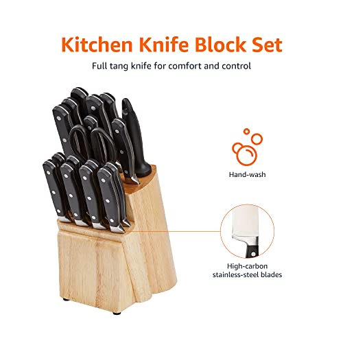 Amazon Basics 18-Piece Premium Kitchen Knife Block Set, High-Carbon Stainless Steel Blades With Pine Wood Knife Block #TOP1