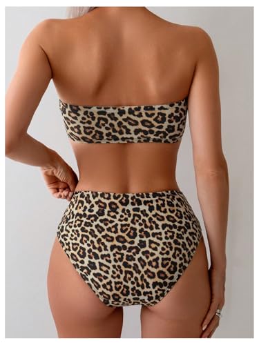 GORGLITTER Women's Leopard Print High Waisted Bikini Sets Strapless Bandeau Top 2 Piece Beach Swimwear Brown Medium - Image 2