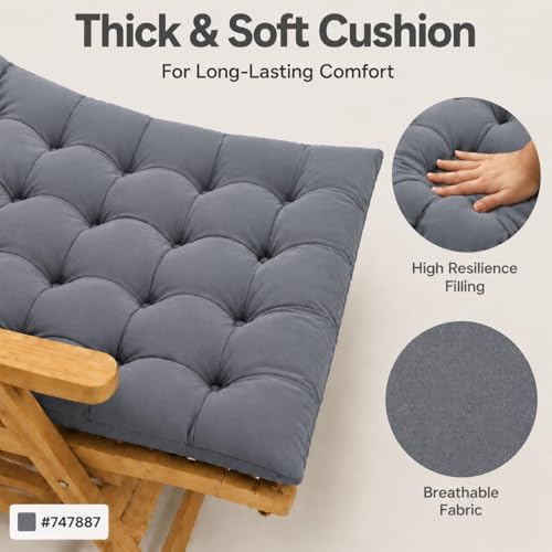 Image of KYNE Grey Rocking Chair Cushion 18 x 50 Inch Thick Tufted Chair Cushion with Backrest and Seat Pad Soft Premium Fabric Polyester Filling Non Slip Indoor Outdoor Rocking Chair Cushion