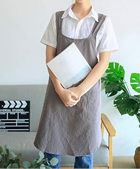 Soft Cotton Linen Apron Cross Back X-Shaped Japanese Style Pinafore Dress for Cooking, Housewarming, Daily Chores