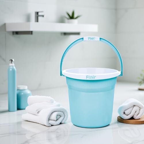 Image of FLAIR Estella 8L Set of 3 Plastic Bathroom Bucket, Blue | Durable Virgin Plastic Buckets with Easy-Grip Handle | Lightweight & Multipurpose for Mopping, Floor Cleaning, Kitchen and Daily Use