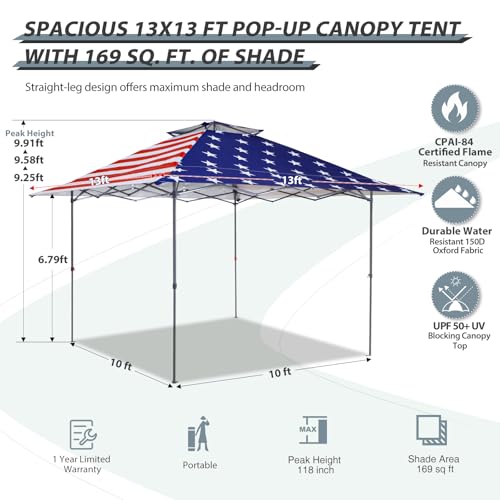 EAGLE PEAK 13x13 Straight Leg Pop Up Canopy Tent Instant Outdoor Canopy Easy Single Person Set up Folding Shelter w/Auto Extending Eaves 169 Square Feet of Shade (American Flag)