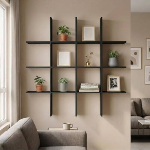 Image of Modern Wooden Wall Shelf for Living Room & Bedroom - Decorative Wall Mounted for Books, Showpieces & Home Decor - Multi-Compartment Floating Wall Organizer Full Black