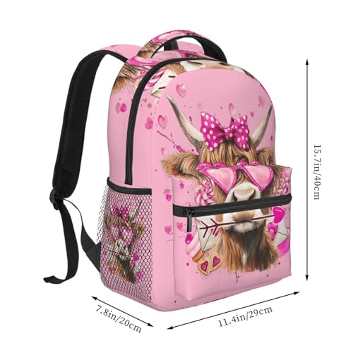 Cute Highland Cow with Bow Heart Glasses Backpack Large Capacity Lightweight Casual Travel Sports Backpack 11.4X7.8X15.7 inch2