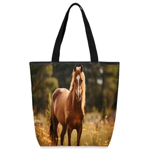 Mularoka Chrysanthemums Horses Canvas Tote Bag with Zipper and Pockets Canvas Tote Shopping Bag Women Reusable Grocery Bag for Beach Travel Gym Shopping