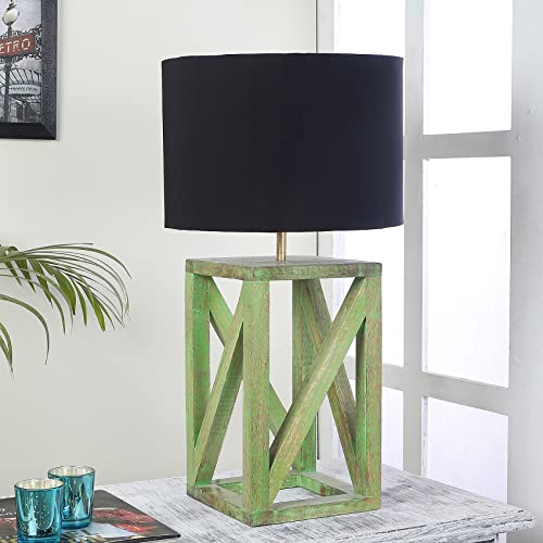 Image of tu casa Handcrafted Mango Wood Table Lamp with Pleated Off-White Cotton Fabric Shade | Elegant Bedside Night Lamp for Bedroom & Living Room