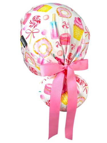 Image of Scrub Cap for Women and Men, Ponytail Scrub Caps, Working Hat, Head Cover with Ribbon Ties and Buttons, Long Hair