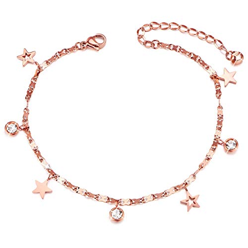 SHEGRACE Bracelet de Cheville Femme en Acier Titane, Chaine Cheville Fine Ornement Etoiles et AAA Zircon Cubique, Bijoux pour Femme, Or rosé, 200+50mm(réglable) Cover