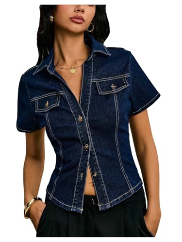 OYOANGLE Women's Button Down Denim Blouse Short Sleeve Collared Fitted