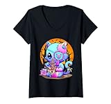 Womens Kawaii Creepy Cat Eating Ramen Noodles Pastel Goth Halloween V-Neck T-Shirt