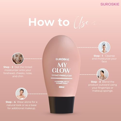Image of Suroskie My Glow All-In-One Tinted Sunscreen SPF 30 Moisturizer 60 ml (Medium) | Natural Glowy Finish | Green Tea & Niacinamide | Intense Hydration & UVA /UVB Protection | Sweat resistant | Cream For Men & Women