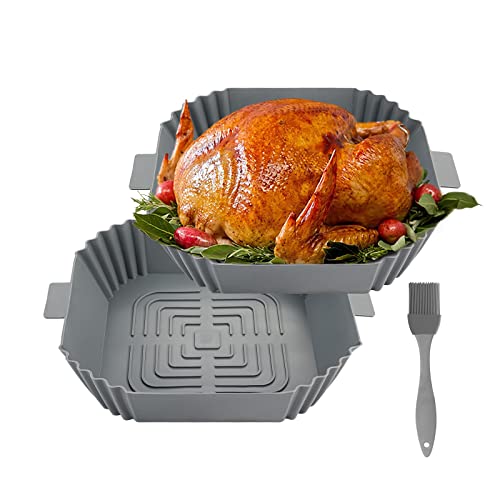 TOKIISHE Lot de 2 doublures de friteuse à air comprimé en silicone avec brosse en silicone, accessoire pour friteuse à air comprimé réutilisable (gris) Cover