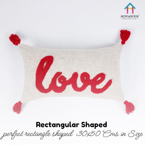 Image of HOMADORN 100% Cotton Text Pattern Handtufted /Embroided Decorative Cushion Cover (12X20 Inches) (1, Love RED)