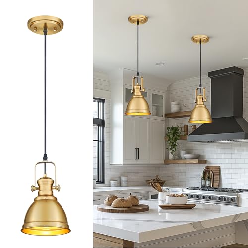 Image of Brushed Gold Pendant Light for Kitchen Island, 6 inch Metal Shade | Vintage Kitchen Pendant Lighting over Island for Dining Room, Rustic Style, Adjustable Height, E26 Base, AD-2151-1P-GD