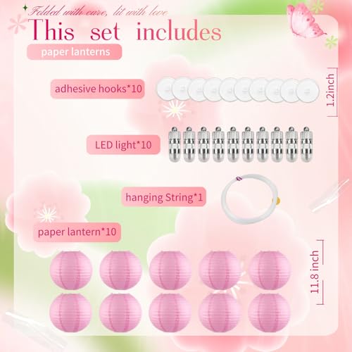 Image of Pink Chinese Paper Lanterns with LED Lights, 10-Pack 12inch | Hanging Lights for Wedding & Bridal Shower, Birthday Party Decorations, Ceiling Decor, Home Party, Baby Shower