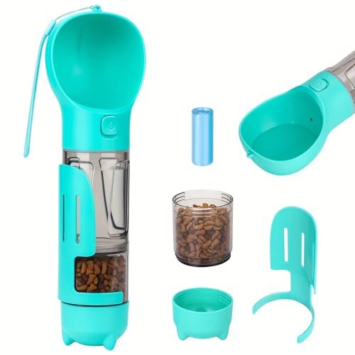 犬用ウォーターボトル 犬用水ボトル 300ml/500ml ゴミ袋&うんちシャベル&フードディスペンサー付き BPAフリー 完全防漏給水器 旅行・散歩用(Blue,500ml)