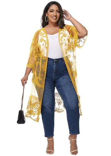 Image of Anna-Kaci Women's Plus Size Lace Cardigan Embroidered Long Kimono Dusters with Half Sleeves