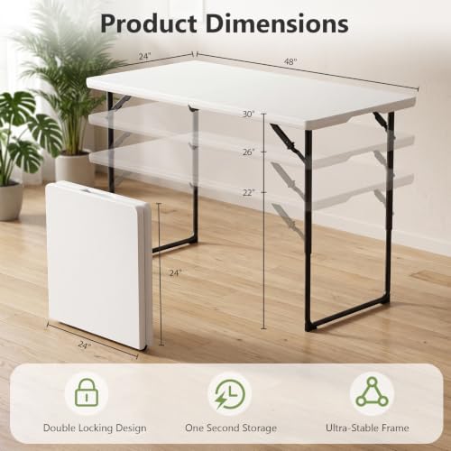 Image of Folding Table, 4 Foot Folding Picnic Table with Adjustable Height, Heavy Duty Folding Portable Table for Weddings, Camping, RV Travel, Parties, BBQs and Indoor Use, Easy to Fold and