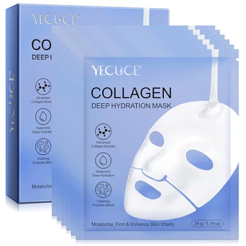 Collagen Face Mask with Vitalizing Probiotic, 6 EA Real Deep Hydrating Overnight Face Mask Glass Glow, Facial Wrinkle Lifting Sheet Masks, Korean Skin Care for Women