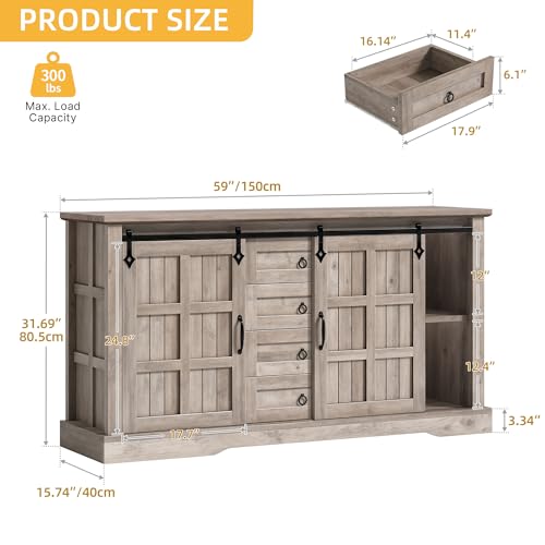 DWVO 59" Kitchen Storage Cabinet, Sideboard Buffet Cabinet with Storage, Sliding Barn Doors and 4 Drawers for Living Room/Kitchen, Wash Grey