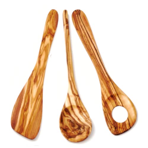 Juego de 3 espátulas, cucharas de cocina, cucharas de risotto de madera de olivo, 30 cm, utensilios de cocina de madera de olivo Cover