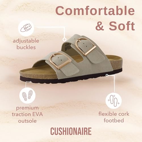 CUSHIONAIRE Legacy Cork Footbed Sandals for Women – Leather Double Strap Slides with Adjustable Buckles + Memory Foam2