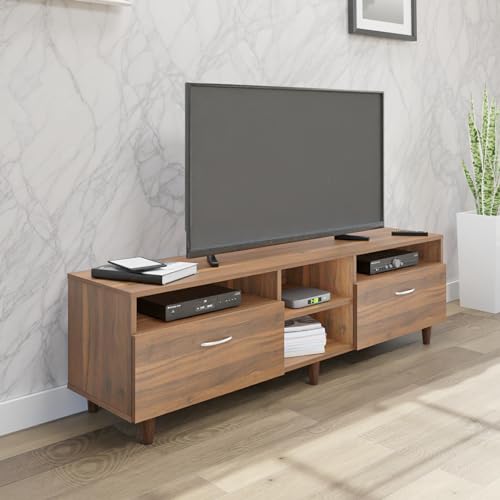 Image of VIKI Modern TV Unit for Living Room | Engineered Wood TV Cabinet with 2 Drawer Storage & 3 Open Shelves, Set Top Box Stand, Entertainment Unit, 160W x 48H x 40D cm | DIY | 1 Year Warranty (Walnut)