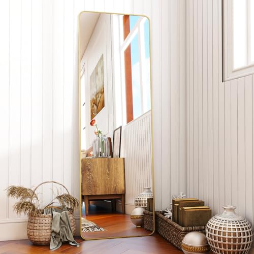 Image of BEAUTYPEAK 59 inchx16 inch Mirror Full Length, Standing or Leaning Rounded Corner Full Body Floor Mirror with Metal Framed,Suitable for Living Room or Bathroom,Gold