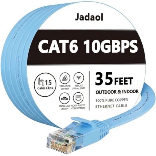 Image of Jadaol Cat6 Ethernet Cable 35FT with Clips 10Gbps Flat Network Cable, Blue
