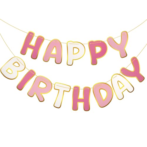 Image of TaoBary Pink Happy Birthday Banner Pre-strung Birthday Party Decorations No DIY Hanging Banner Sign Hanging Decor for Women Men Boys Girls Party Supplies Backdrop