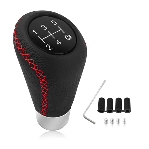 Car Gear Shift Knob with 4 Adaptive Parts,Leather 5 Speed Shift Knobs for Replacement Broken Shifter Knobs,Universal Non-Slip Manual Shift Knob Car Interior Accessories for Most Vehicles (Black/Red)