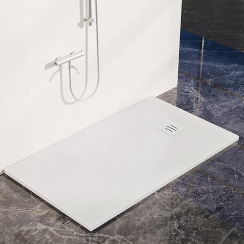 Image of 1800 x 700mm Rectangular Shower Tray, Slip-Resistant Slate Effect SMC Slimline Base with 90mm Waste Trap Kit Included, 300kg Load Capacity, White