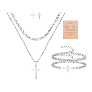Cross Necklace Earrings Bracelet for Men Silver Mens Cross Chian Layered Necklaces Stainless Steel Cross Pendant Necklace Hypoallergenic Earrings Silver Cuban Chain Bracelet Jewerly Set Gift With Quote Card