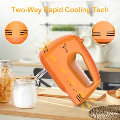 Image of LILPARTNER Hand Mixer Electric, Ultra Power Kitchen Hand Mixer With 7-Speed & 5 Stainless Steel Accessories for Whipping Dough, Cream, Cake, Dishwasher Safe, Light Orange
