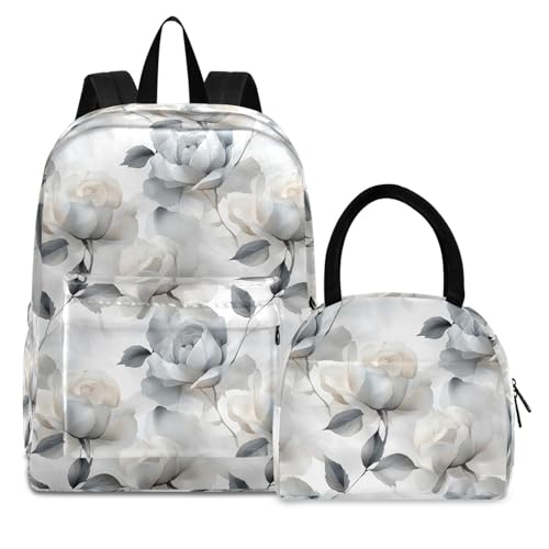 Backpack Lunch Box Set Large Capacity Travel Backpacks and Insulated Lunch Bag for Commute Hiking Picnic Luxurious White Floral Print