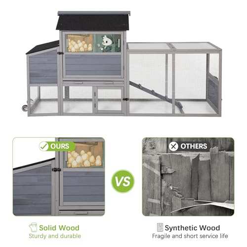 Image of COZIWOW 82 inch Large Wooden Chicken Coop, Mobile Rabbit Hutch with Wheels, Weatherproof Asphalt Roof Hen House, Sunshine Board, Ramp, Openable Top, Pull-Out Tray, Indoor Bunny Cage (Gray)