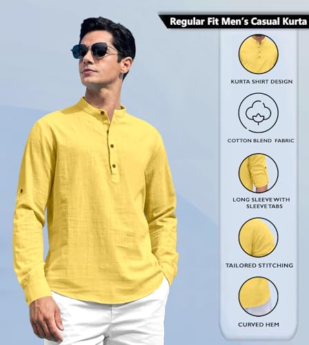 Zombom Cotton Polyester Blend Solid Casual Regular Fit Mandarin/Chinese Collor Short Kurta for Men