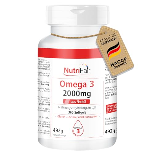 Nutrifair Omega 3, 360 Softgels, 2000mg Fischöl pro Tagesdosis, mit EPA, DHA & Vitamin E, Hochdosiert, Deutsche Produktion & Laborprüfung