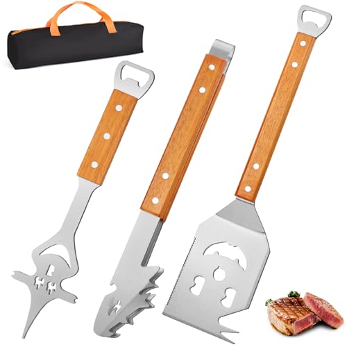 BBQ Grillbesteck Set 3-teilig, SeyYega Edelstahl Grillzubehör mit Holzgriff, 38 cm Grillzange, 42 cm Fleischgabel, Spülmaschinenfest, Profi Grillbesteck für Holzkohlegrill, Gasgrill & Camping