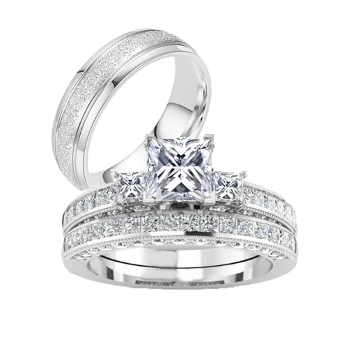 Couple Rings Sets for Him and Her Sterling Silver 10K 14K 18K Gold Personalized 3Pcs Moissanite Wedding Engagement Ring Wedding Band for Men Women Matching Promise Rings for Couples3