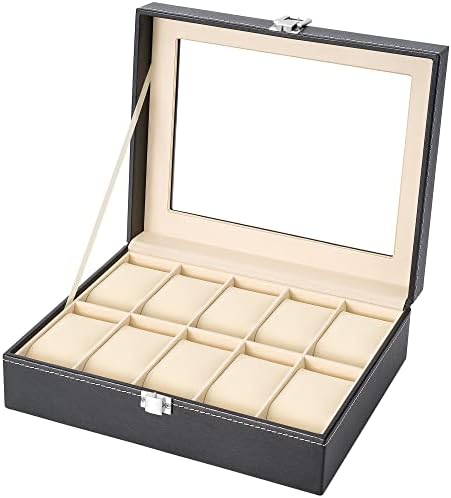 Readaeer watch storage box for 10 watches with glass lid, black, faux leather, box, storage